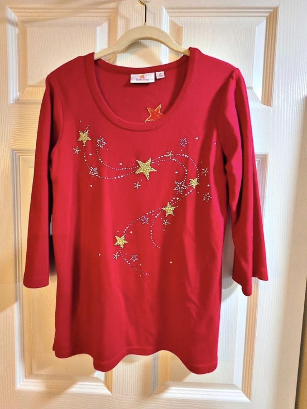Quacker Factory Red Star Rhinestone Top Size XS